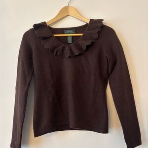 Ralph Lauren Chocolate Ruffle Neck Long Sleeve Top